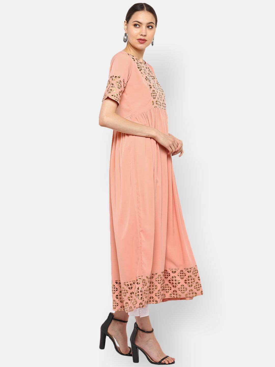 Peach Poly Crepe Gold Print Flared Kurta