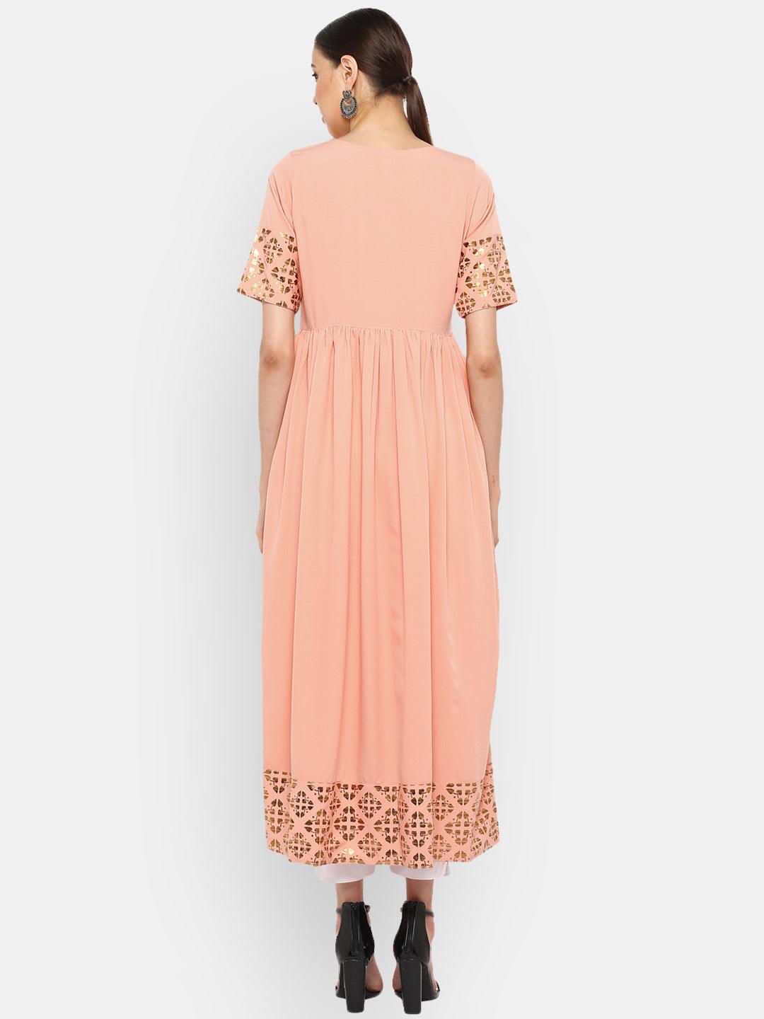 Peach Poly Crepe Gold Print Flared Kurta