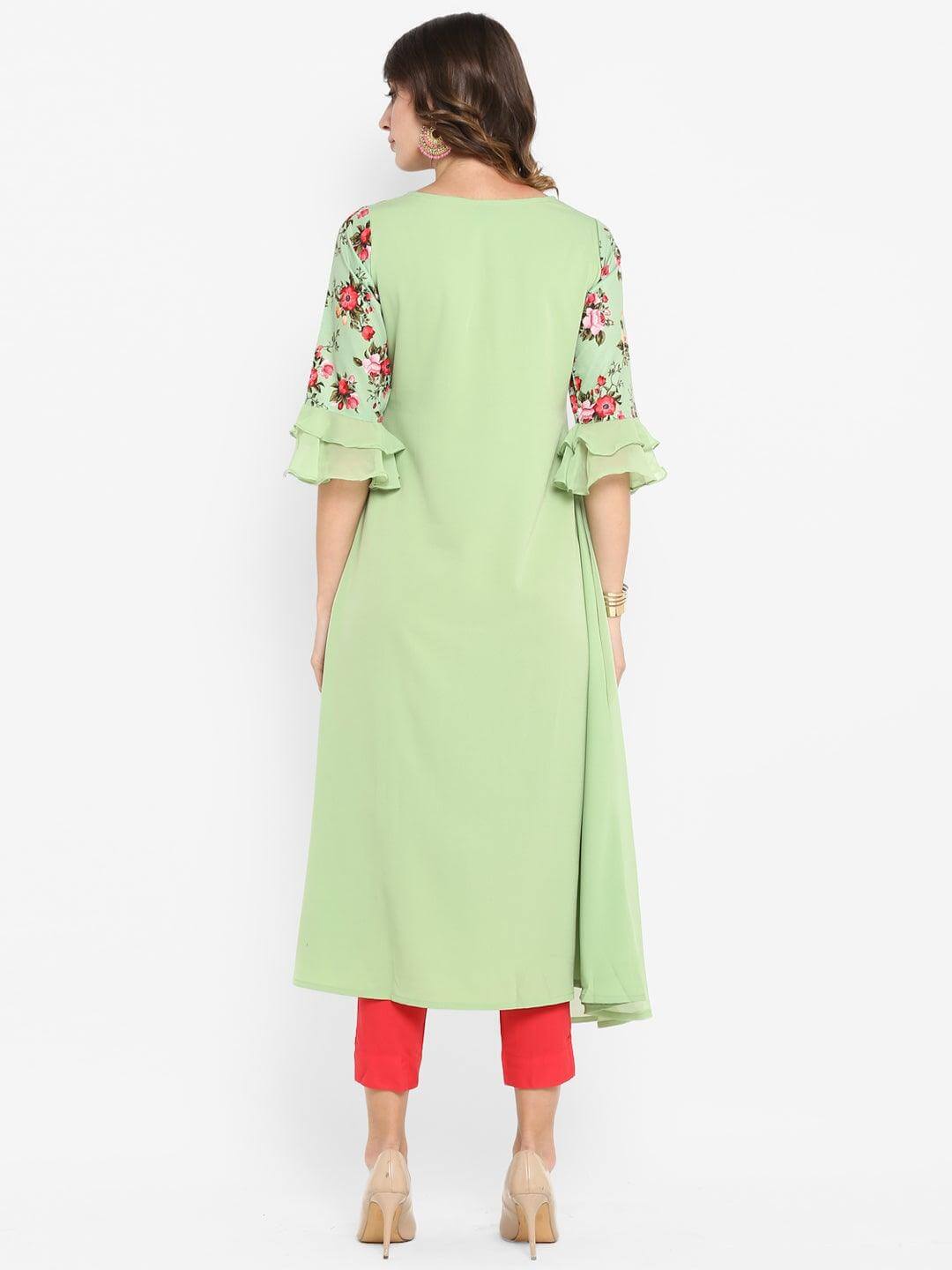 Light Green Poly Crepe Floral Print A-line Kurta