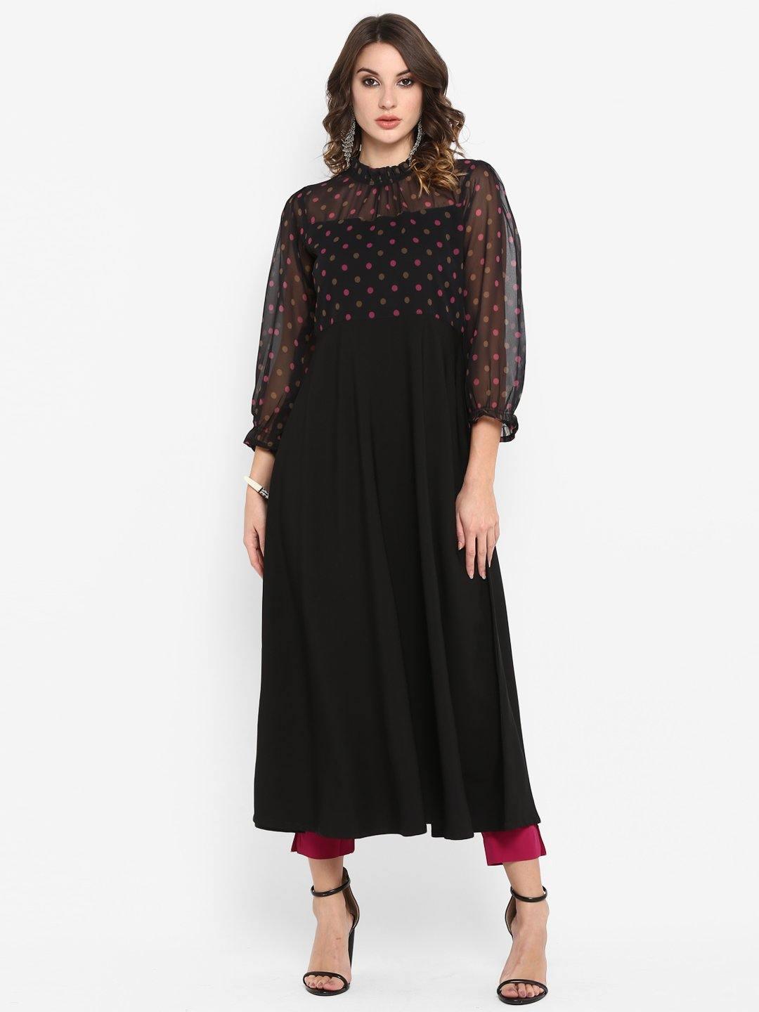 Black Poly Crepe Polka Print A-line Kurta