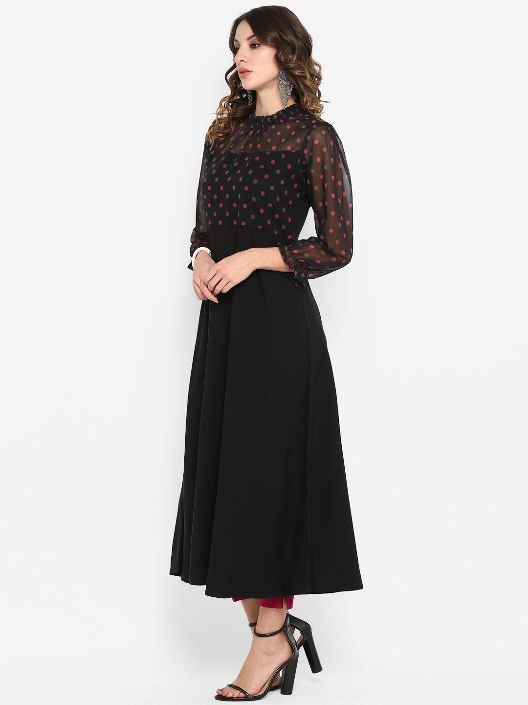 Black Poly Crepe Polka Print A-line Kurta