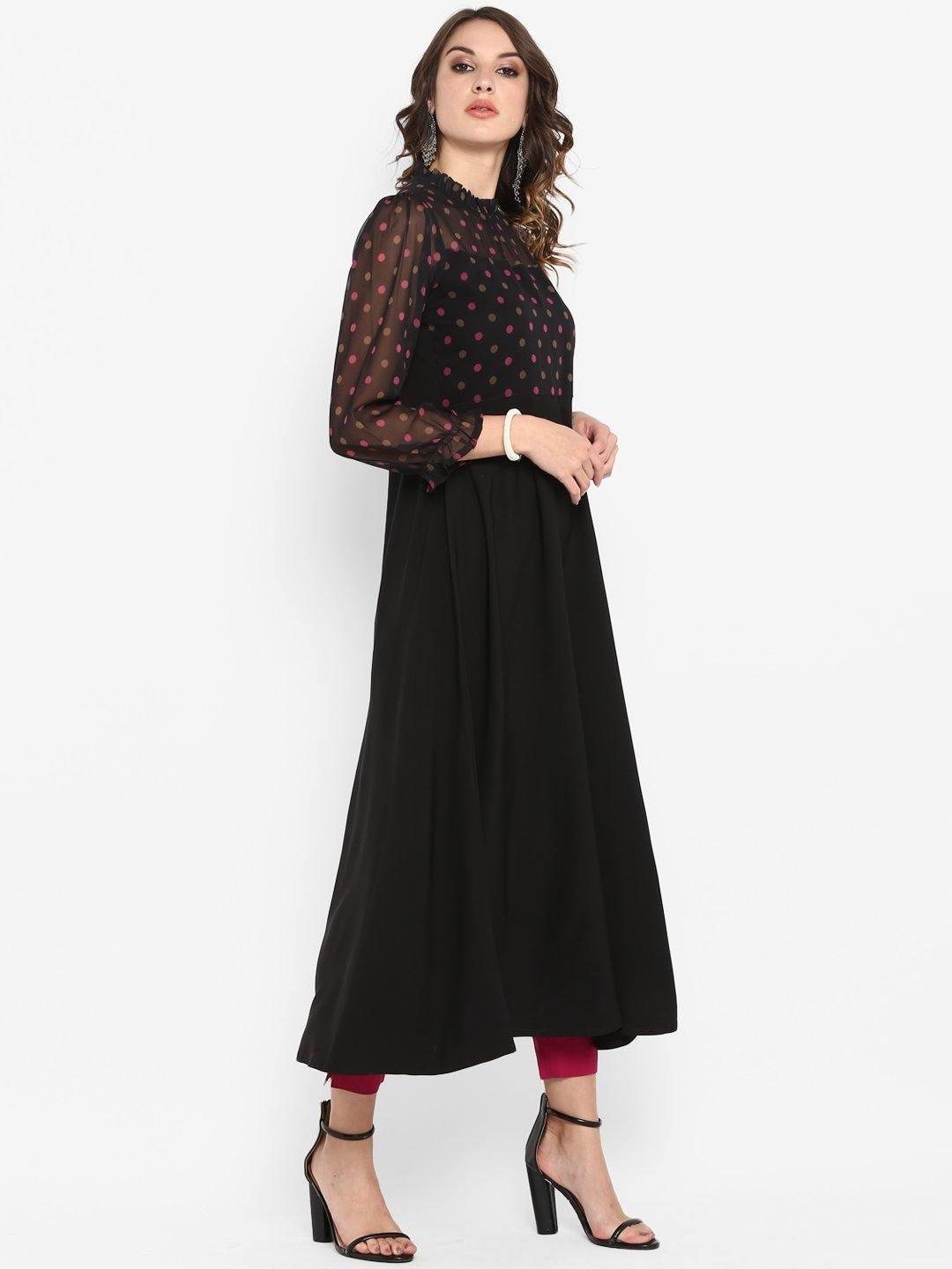 Black Poly Crepe Polka Print A-line Kurta