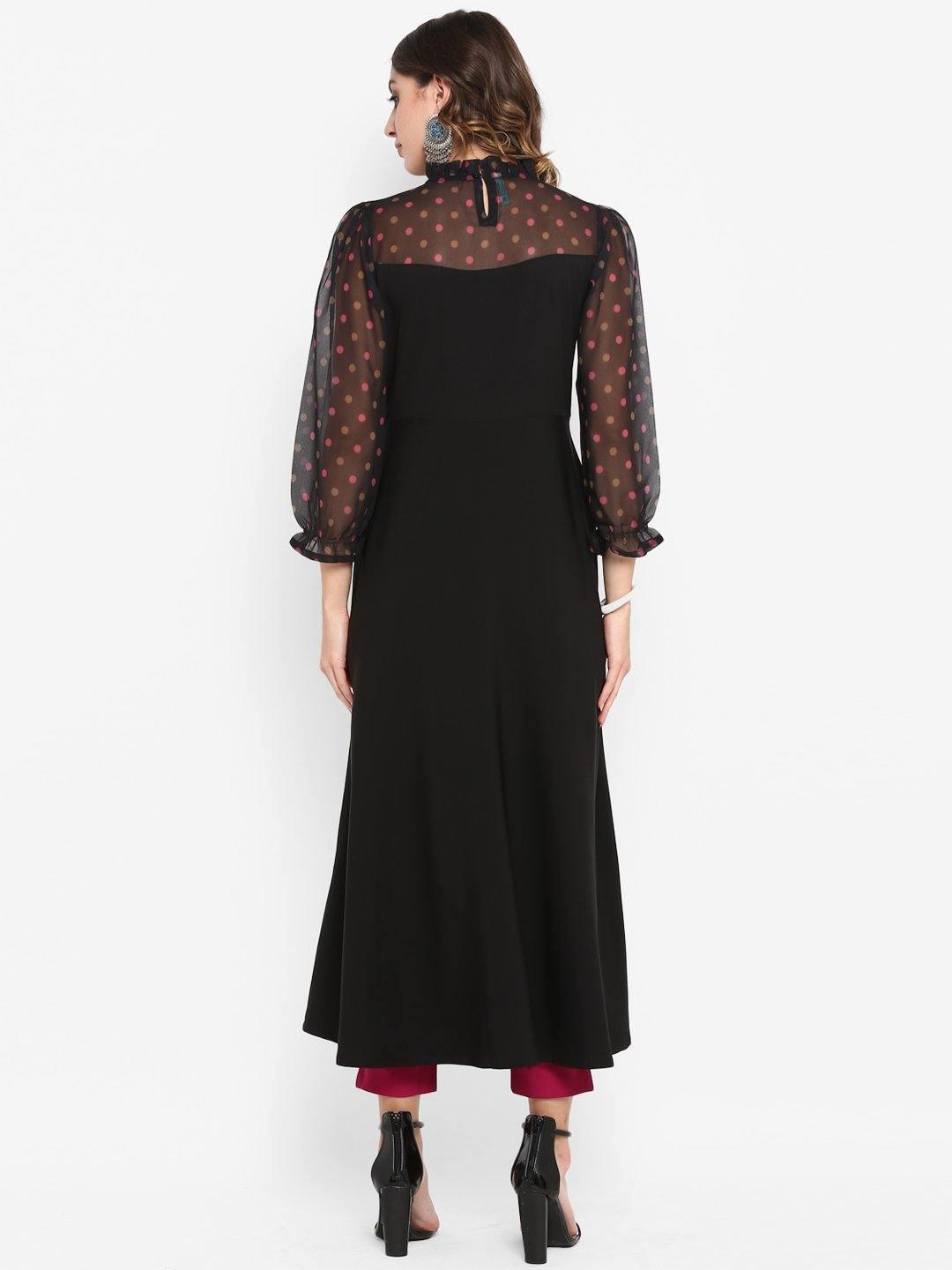Black Poly Crepe Polka Print A-line Kurta