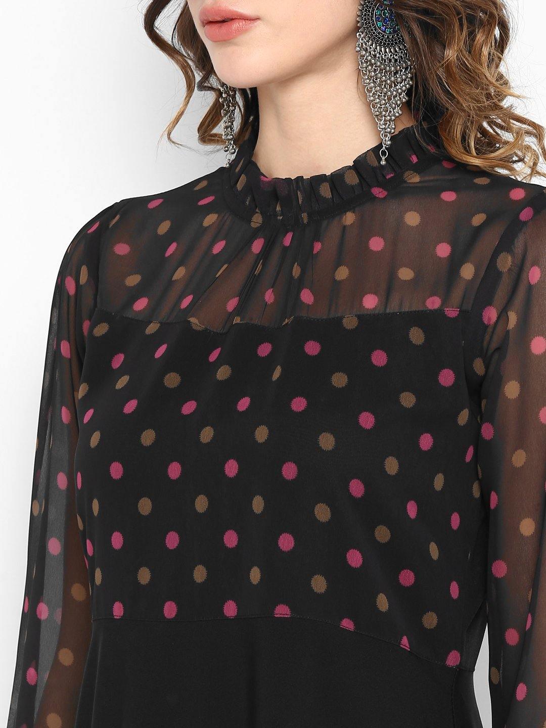 Black Poly Crepe Polka Print A-line Kurta