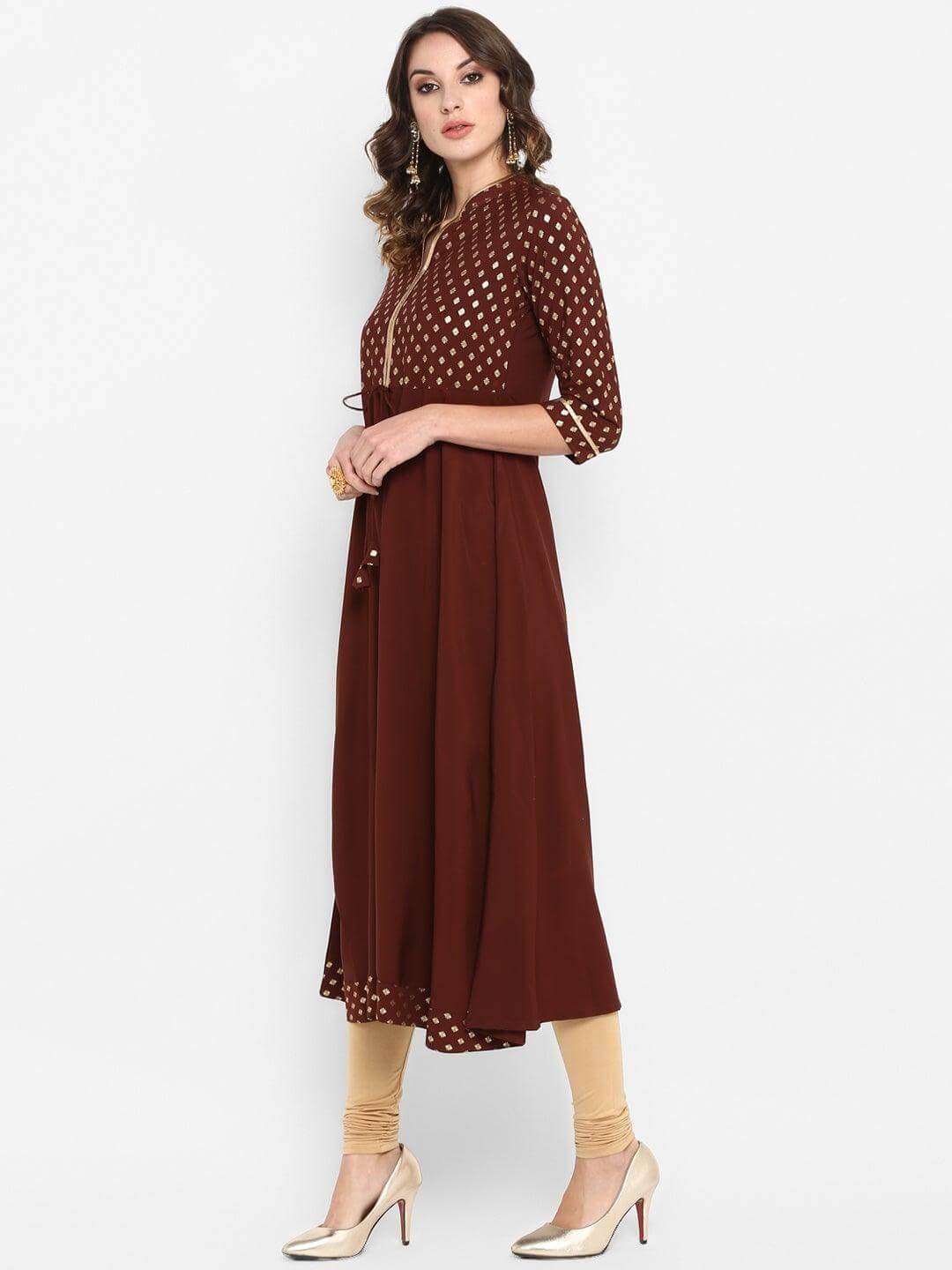 Brown Poly Crepe Gold Print A-line Kurta