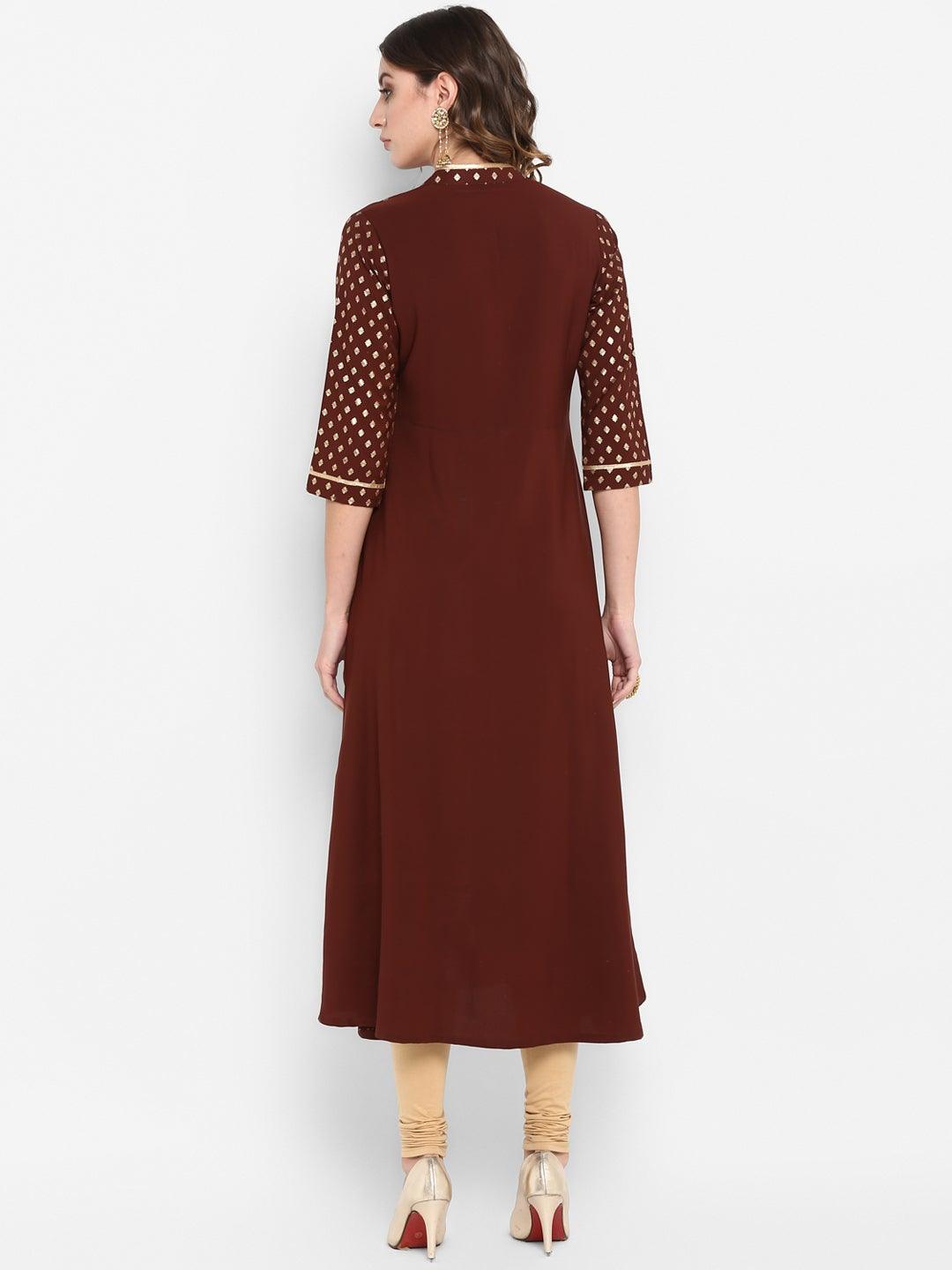 Brown Poly Crepe Gold Print A-line Kurta