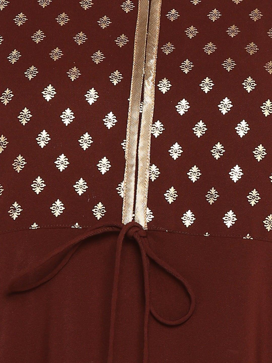 Brown Poly Crepe Gold Print A-line Kurta