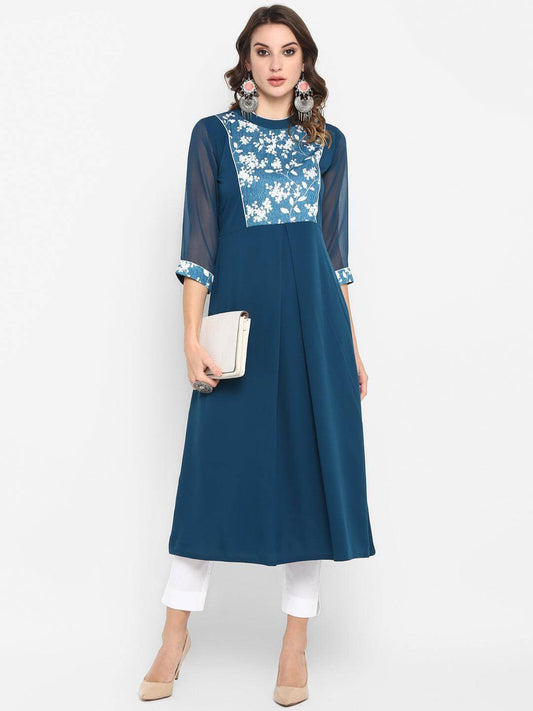 Teal Blue Poly Crepe Floral Print A-line Kurta