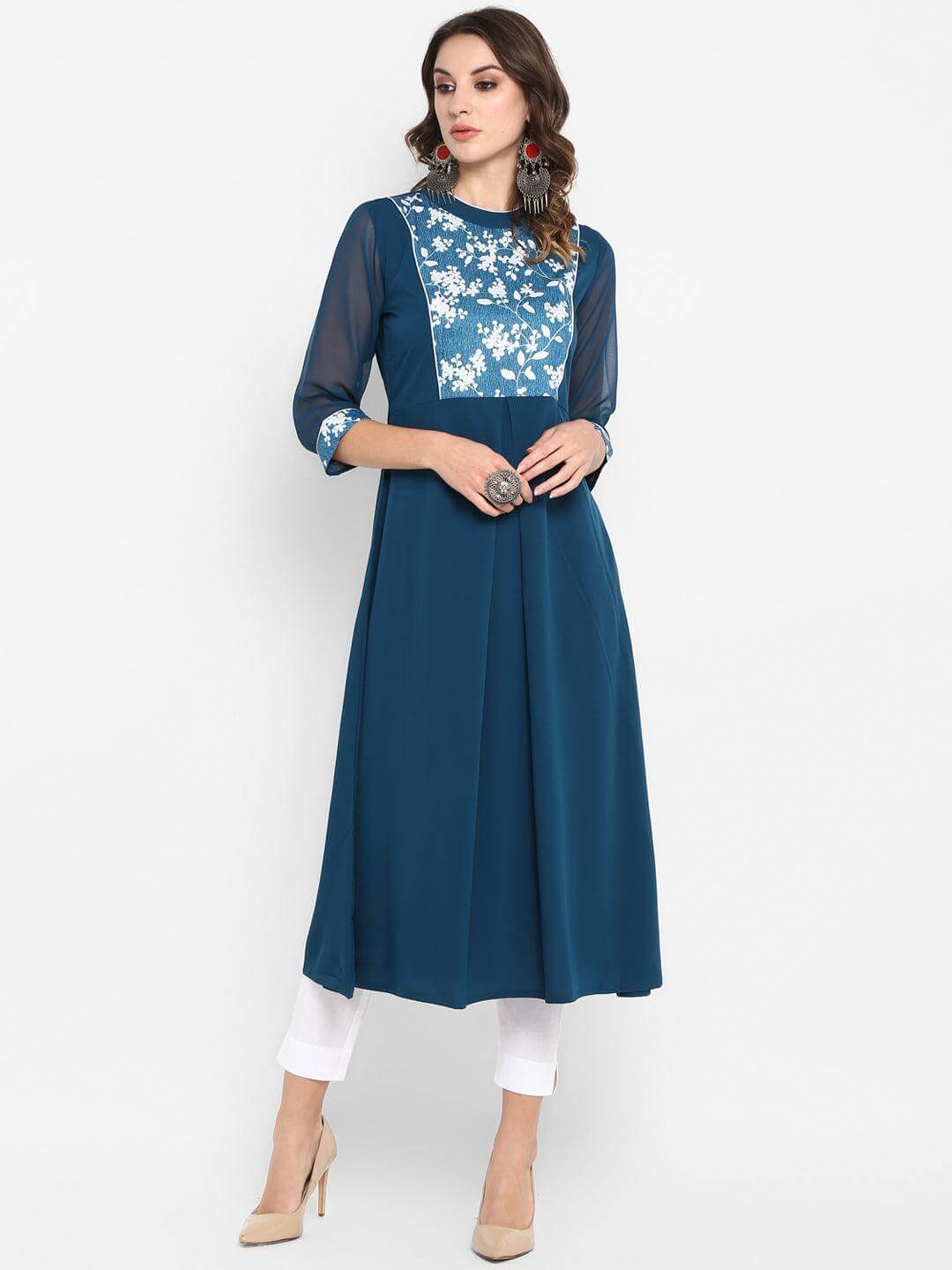 Teal Blue Poly Crepe Floral Print A-line Kurta