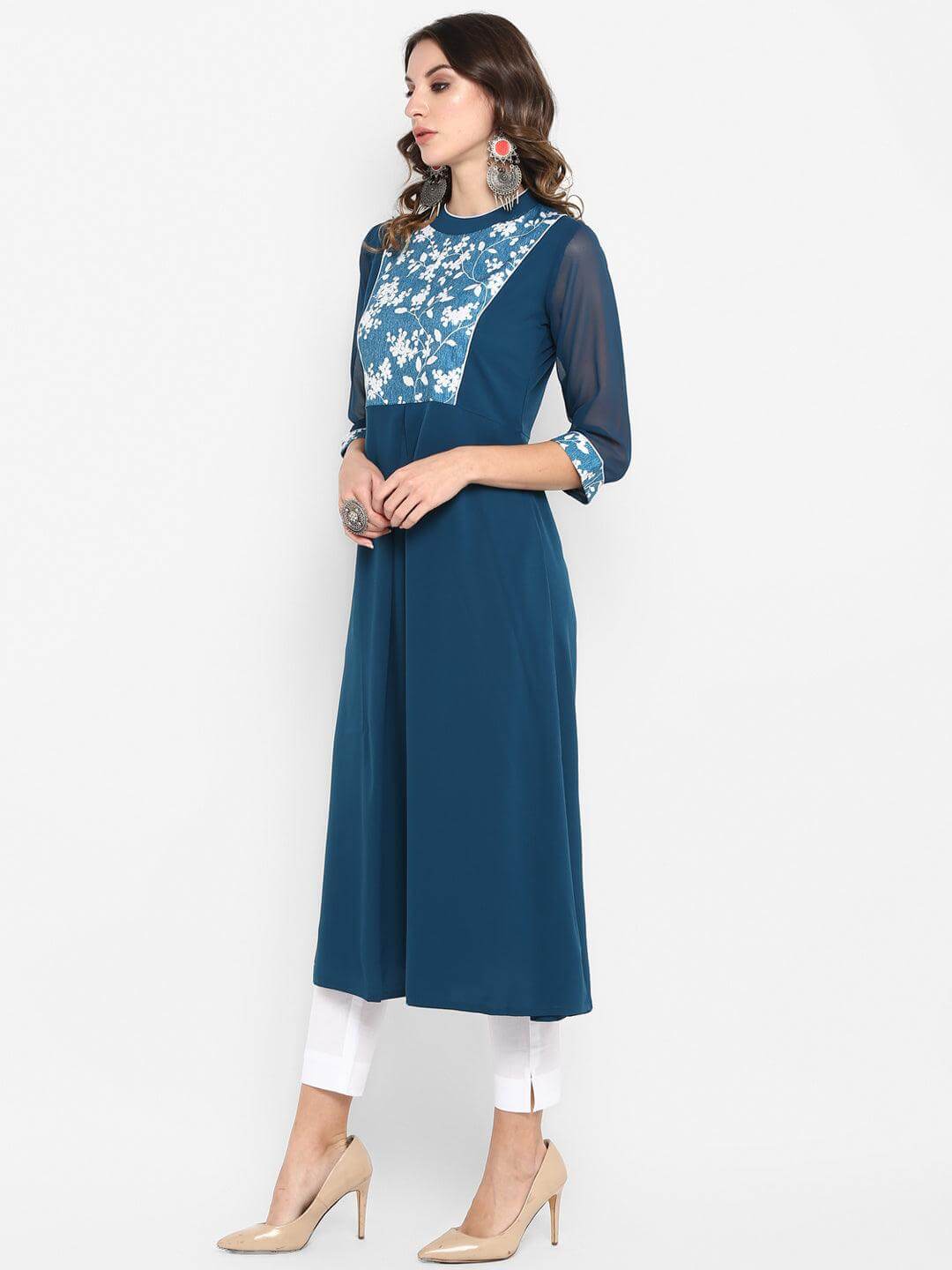 Teal Blue Poly Crepe Floral Print A-line Kurta