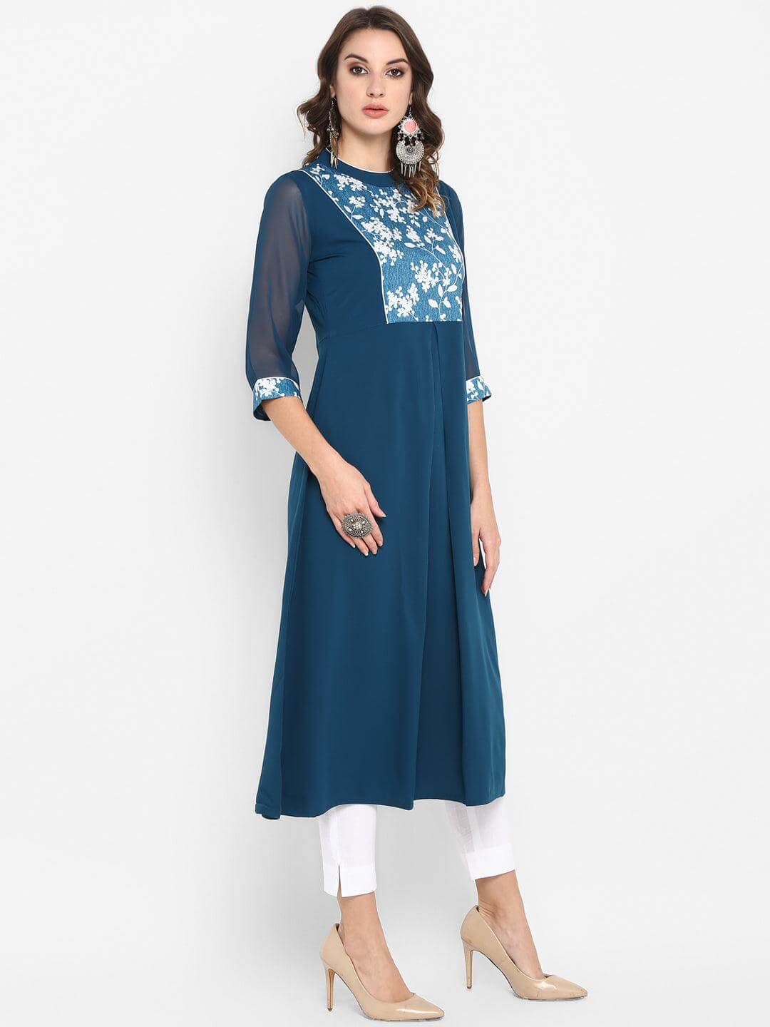 Teal Blue Poly Crepe Floral Print A-line Kurta