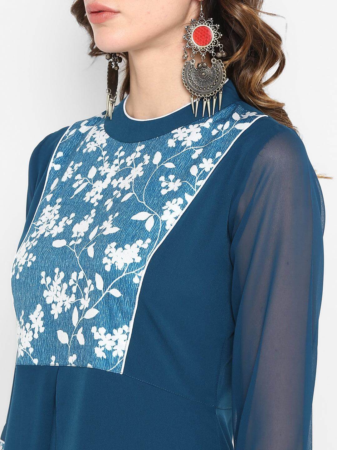 Teal Blue Poly Crepe Floral Print A-line Kurta