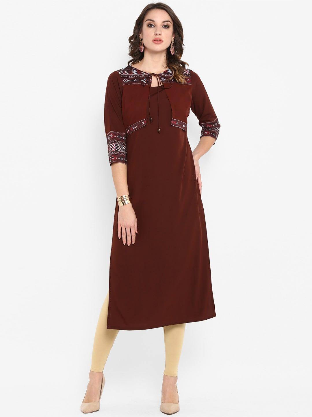 Brown Poly Crepe Solid Straight Kurta