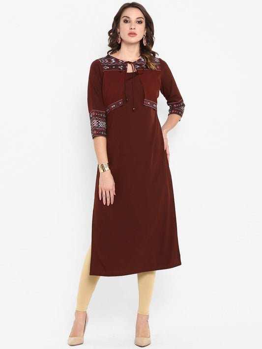 Brown Poly Crepe Solid Straight Kurta