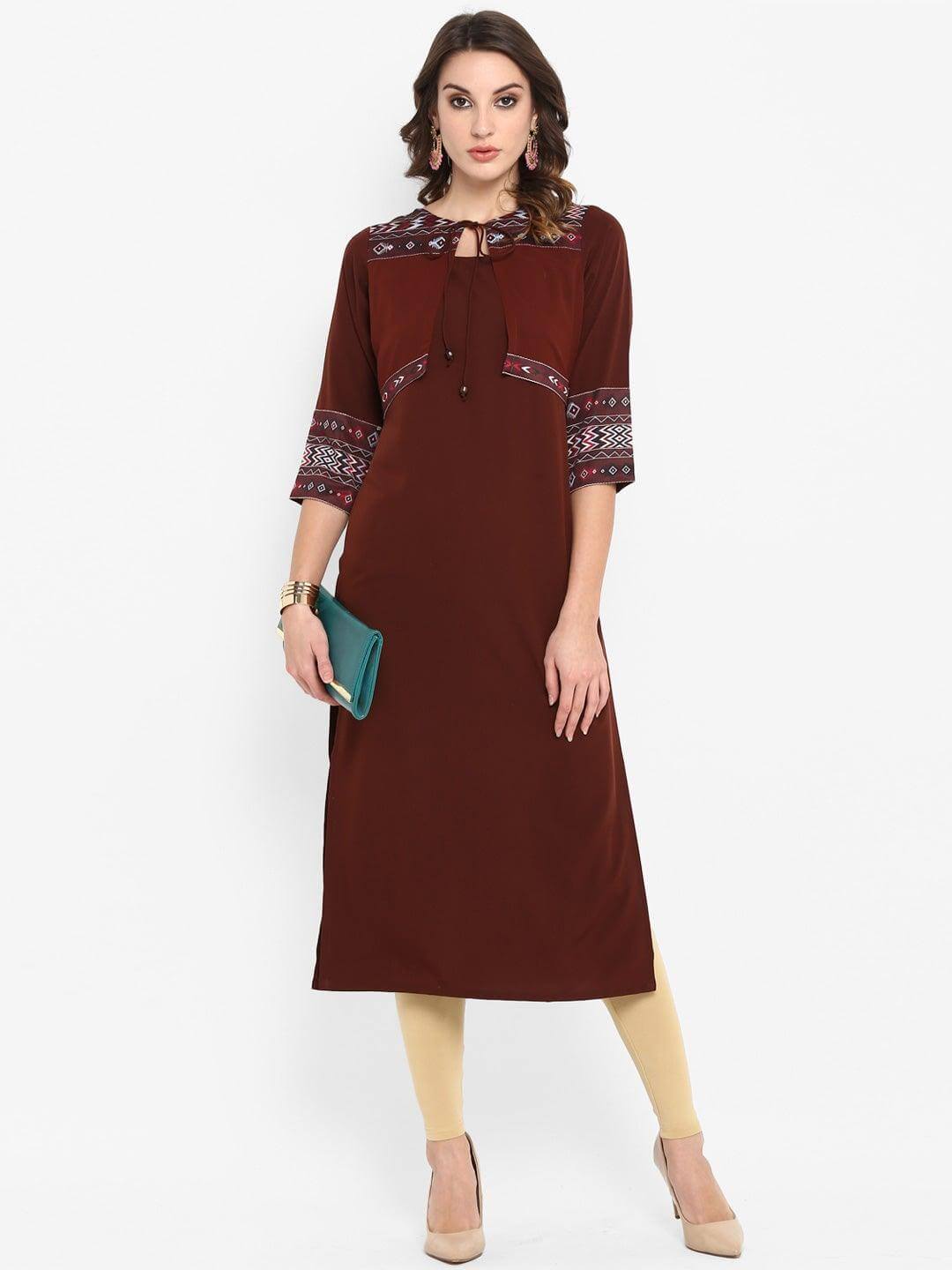 Brown Poly Crepe Solid Straight Kurta