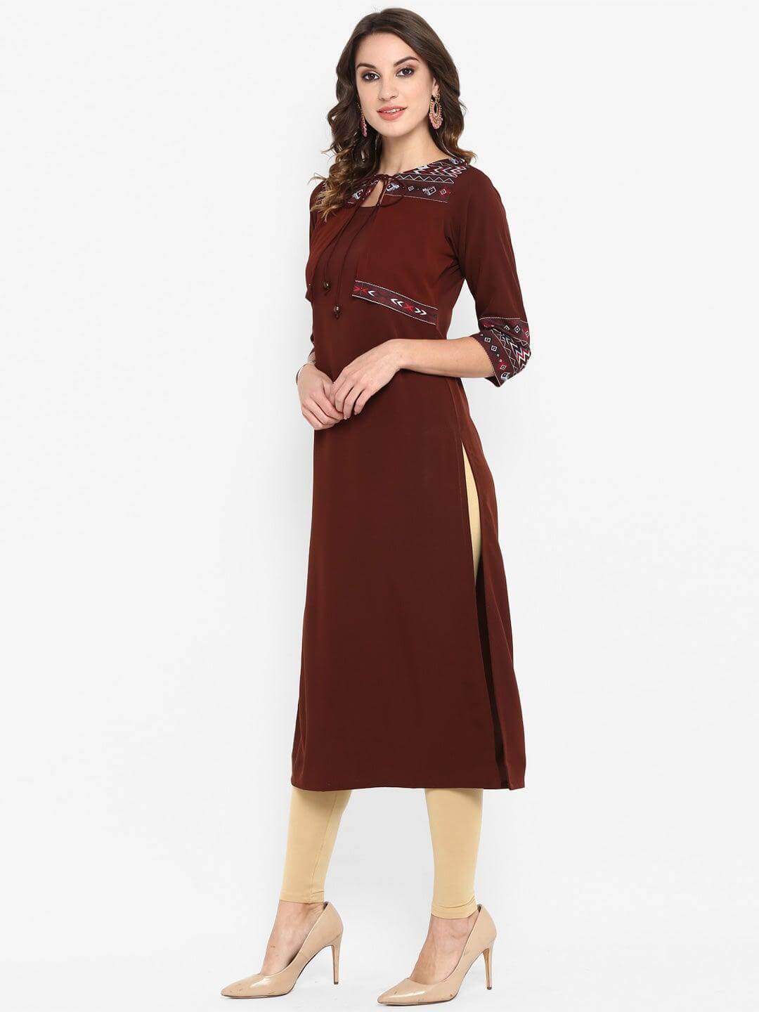 Brown Poly Crepe Solid Straight Kurta