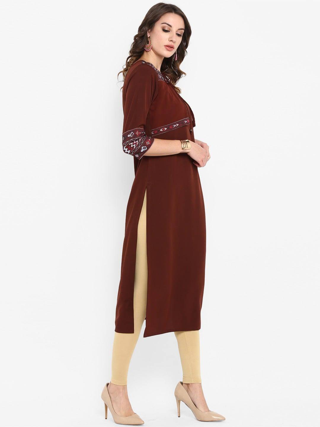 Brown Poly Crepe Solid Straight Kurta