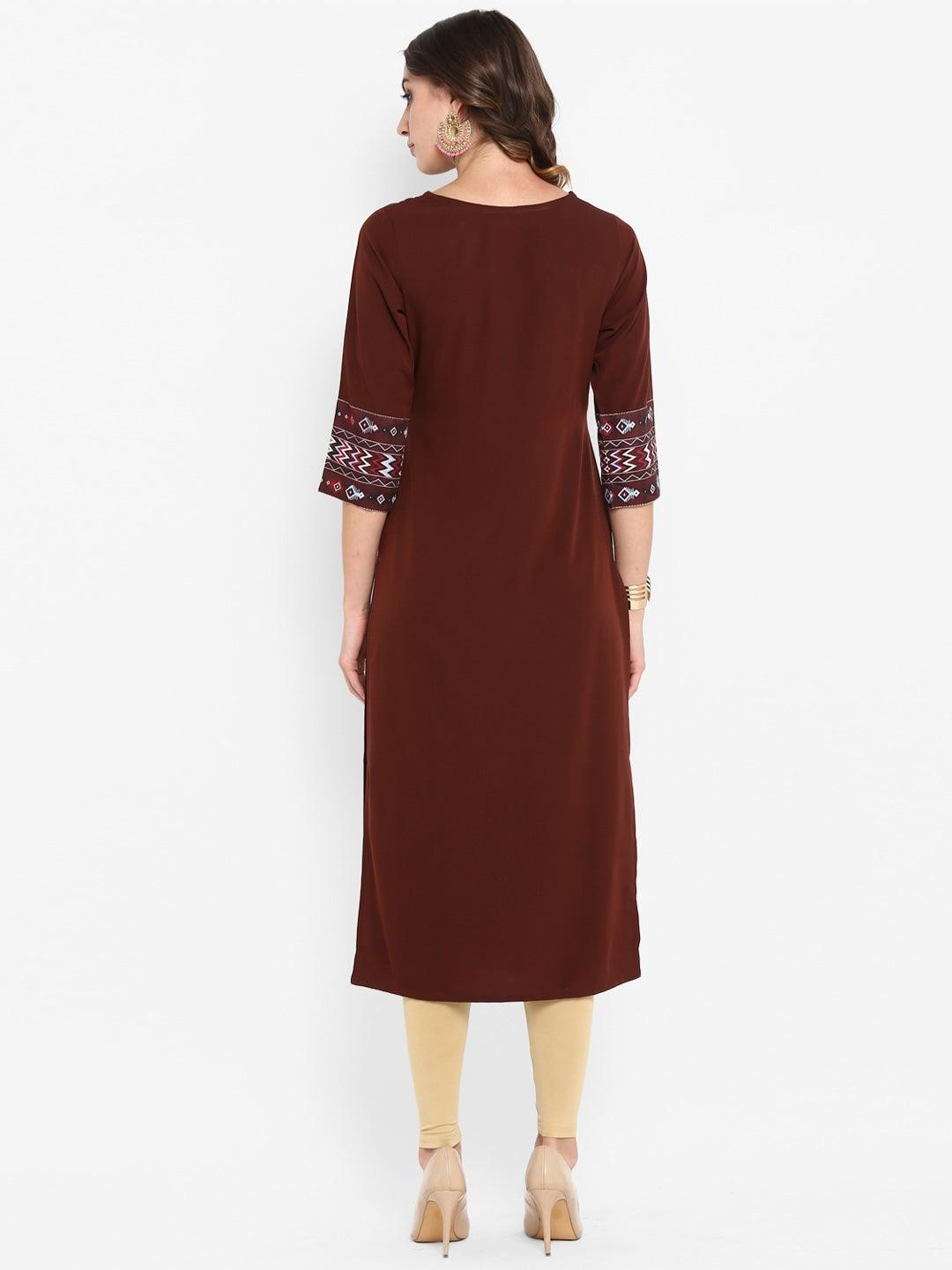 Brown Poly Crepe Solid Straight Kurta