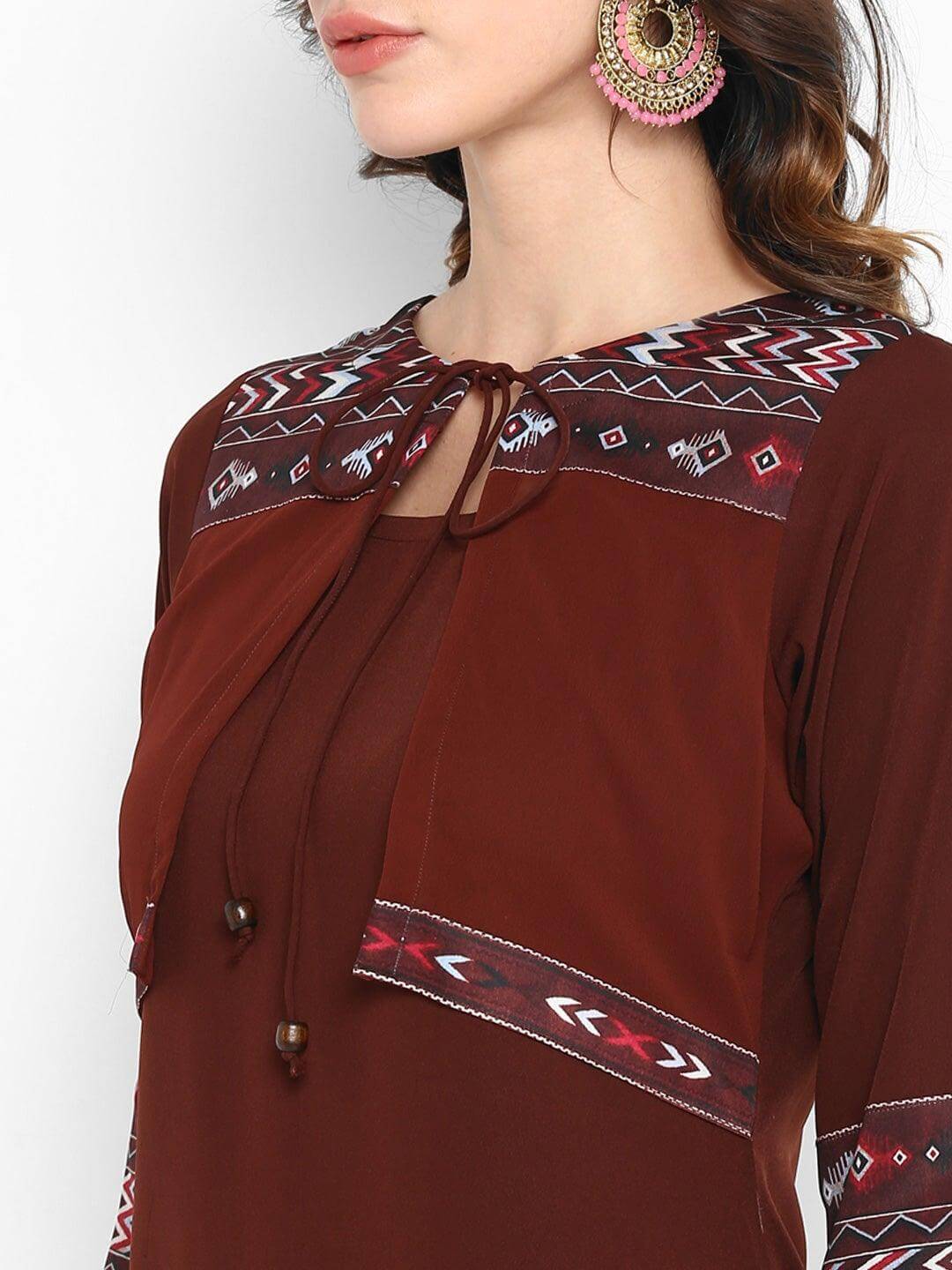 Brown Poly Crepe Solid Straight Kurta