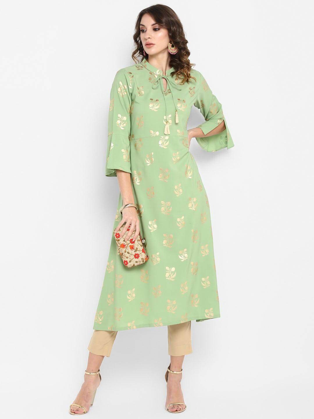 Light Green Poly Crepe Gold Print A-line Kurta
