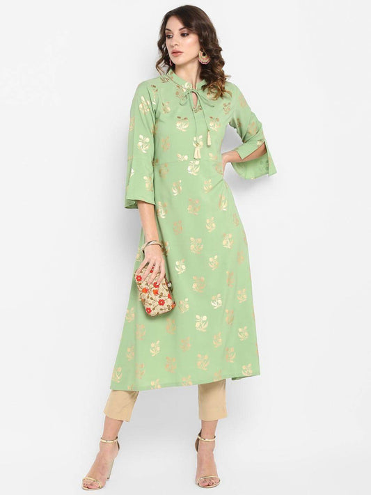 Light Green Poly Crepe Gold Print A-line Kurta