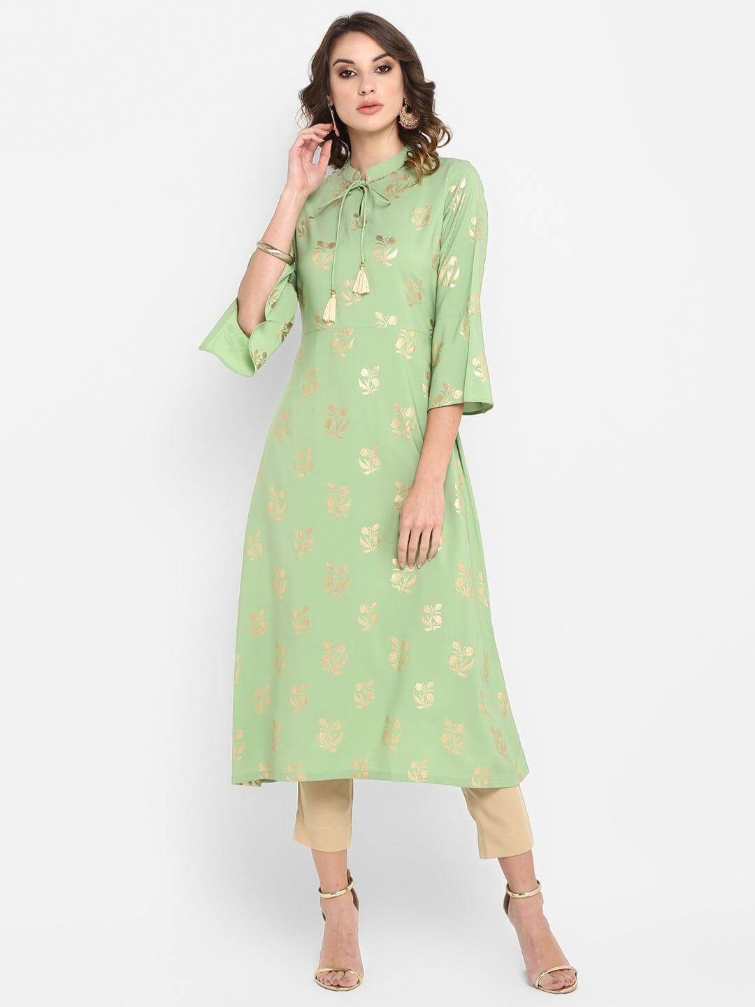 Light Green Poly Crepe Gold Print A-line Kurta