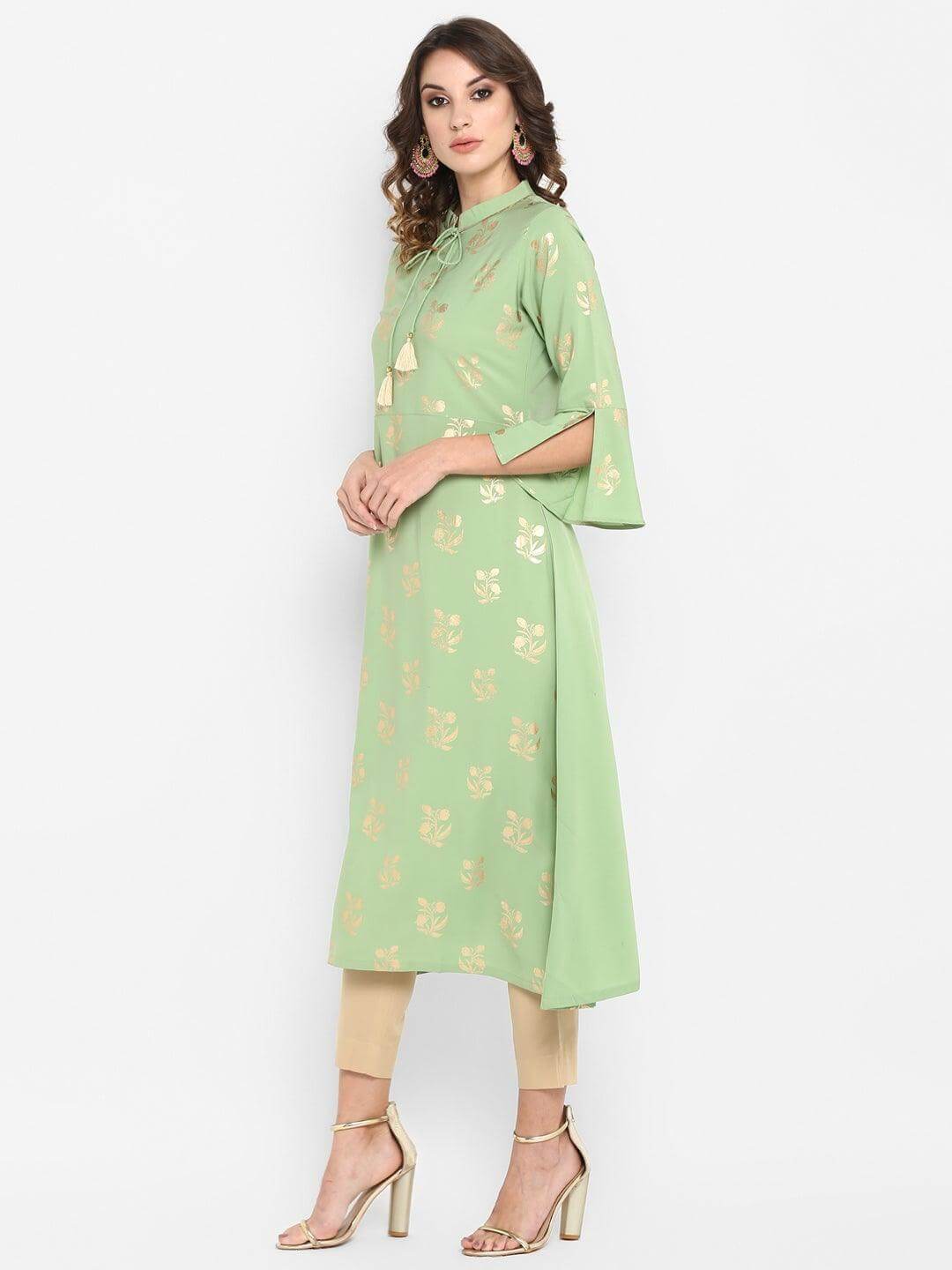 Light Green Poly Crepe Gold Print A-line Kurta