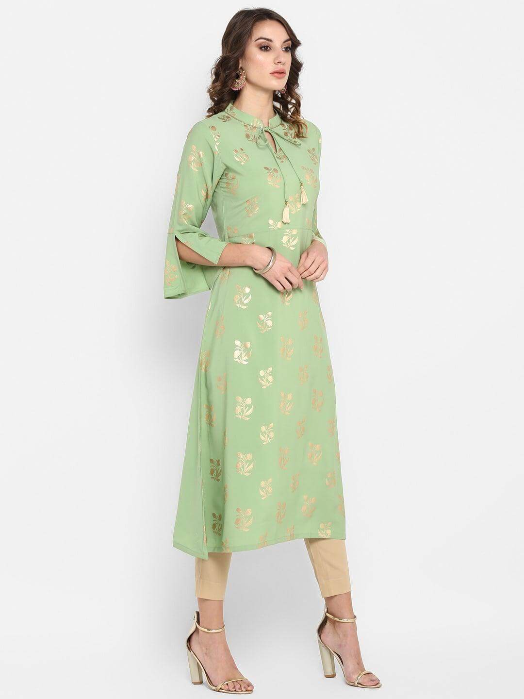 Light Green Poly Crepe Gold Print A-line Kurta