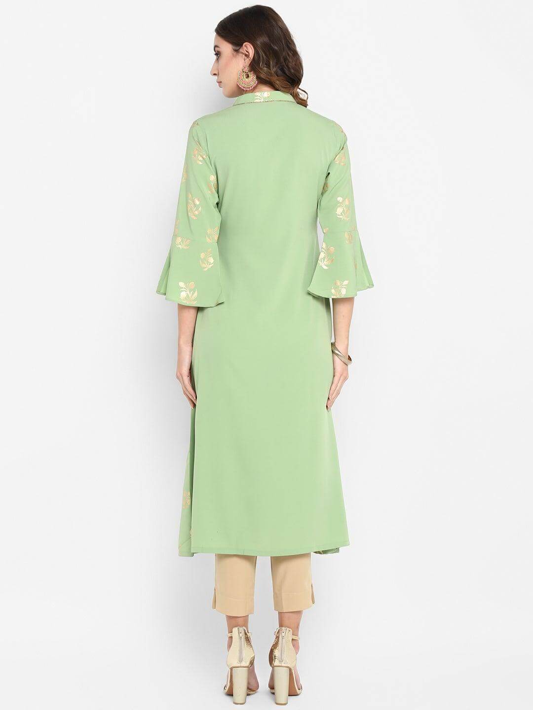 Light Green Poly Crepe Gold Print A-line Kurta