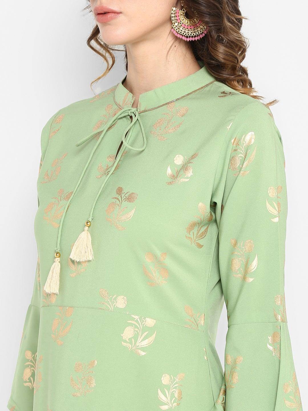 Light Green Poly Crepe Gold Print A-line Kurta