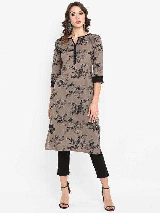 Taupe Cotton Floral Print Straight Kurta