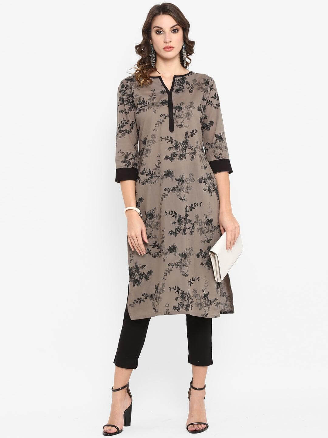 Taupe Cotton Floral Print Straight Kurta