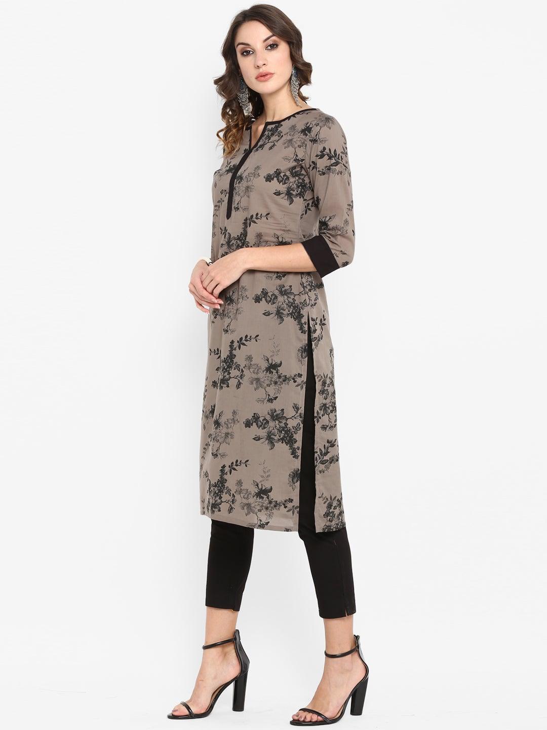 Taupe Cotton Floral Print Straight Kurta