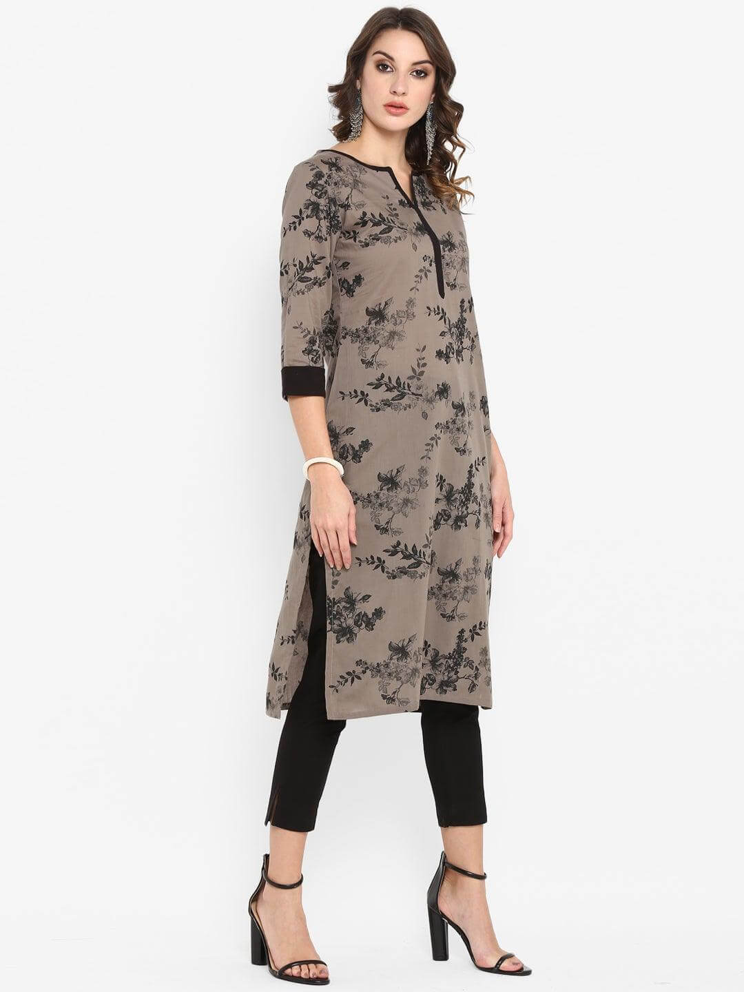 Taupe Cotton Floral Print Straight Kurta