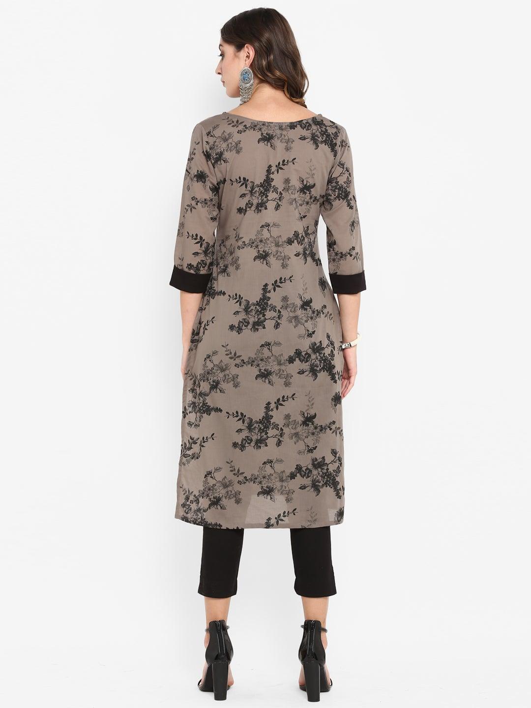 Taupe Cotton Floral Print Straight Kurta