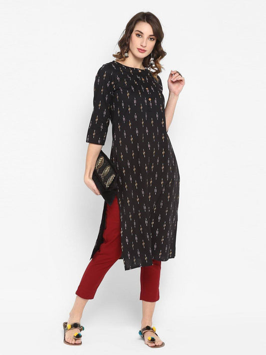 Black Cotton Ikat Straight Kurta