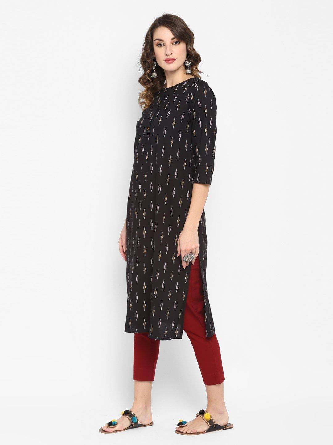 Black Cotton Ikat Straight Kurta