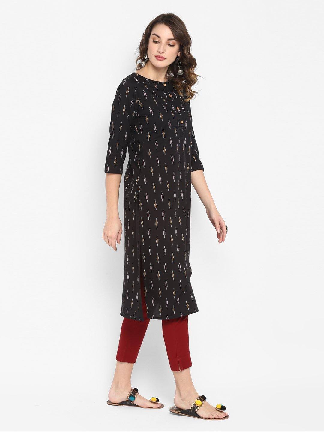Black Cotton Ikat Straight Kurta