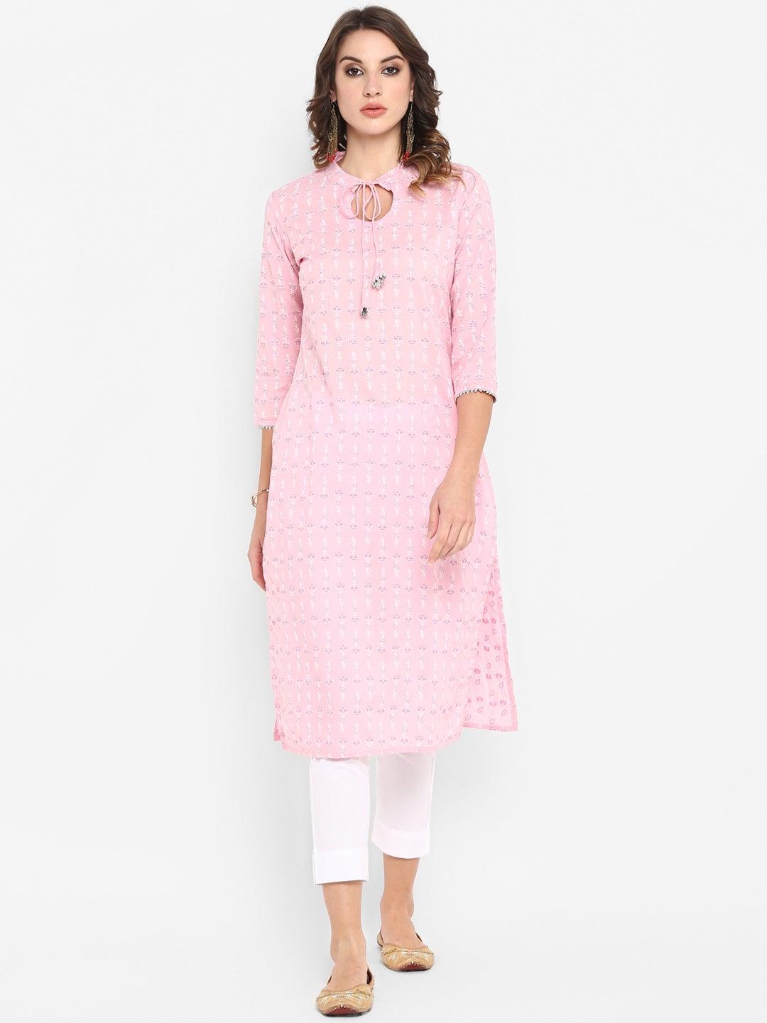 Pink Cotton Floral Print Straight Kurta