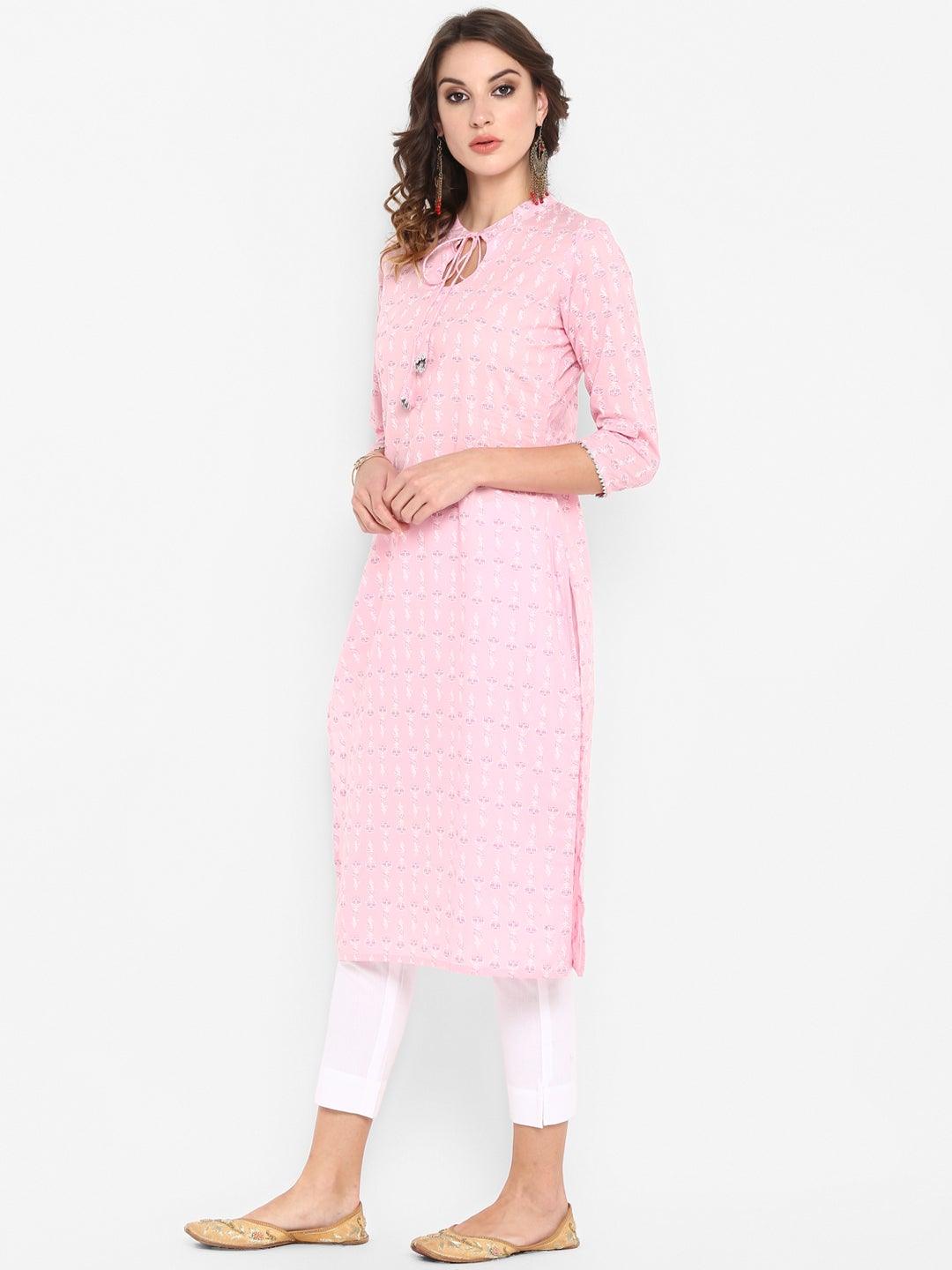 Pink Cotton Floral Print Straight Kurta