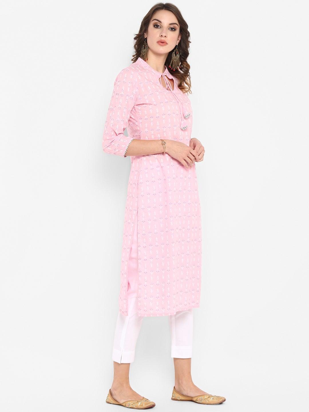 Pink Cotton Floral Print Straight Kurta