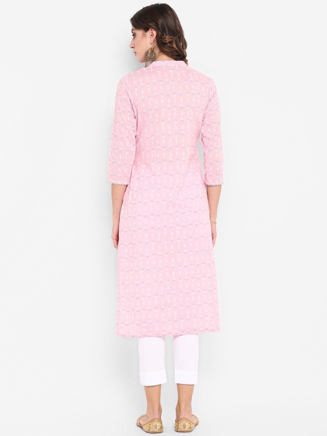 Pink Cotton Floral Print Straight Kurta