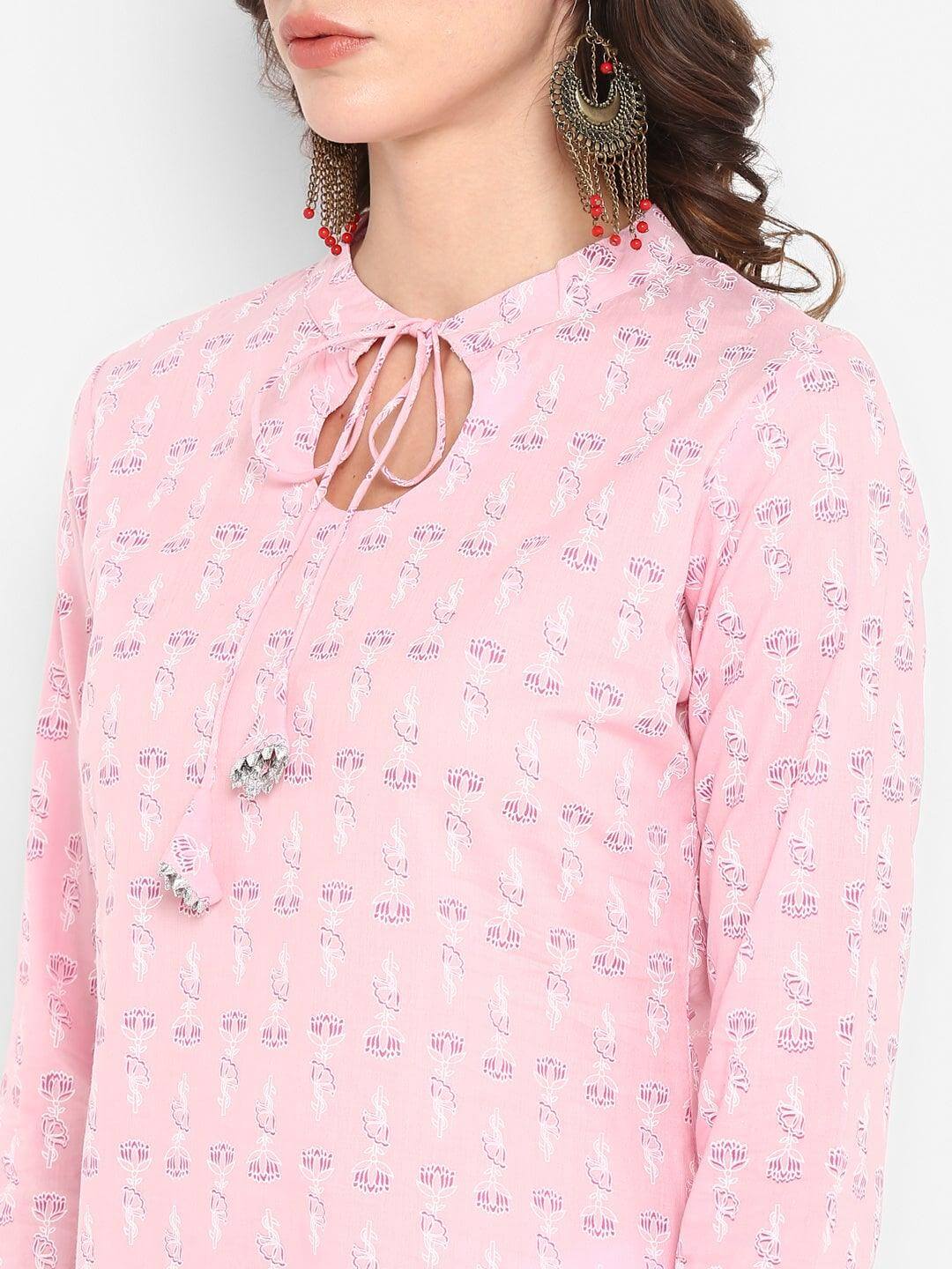 Pink Cotton Floral Print Straight Kurta