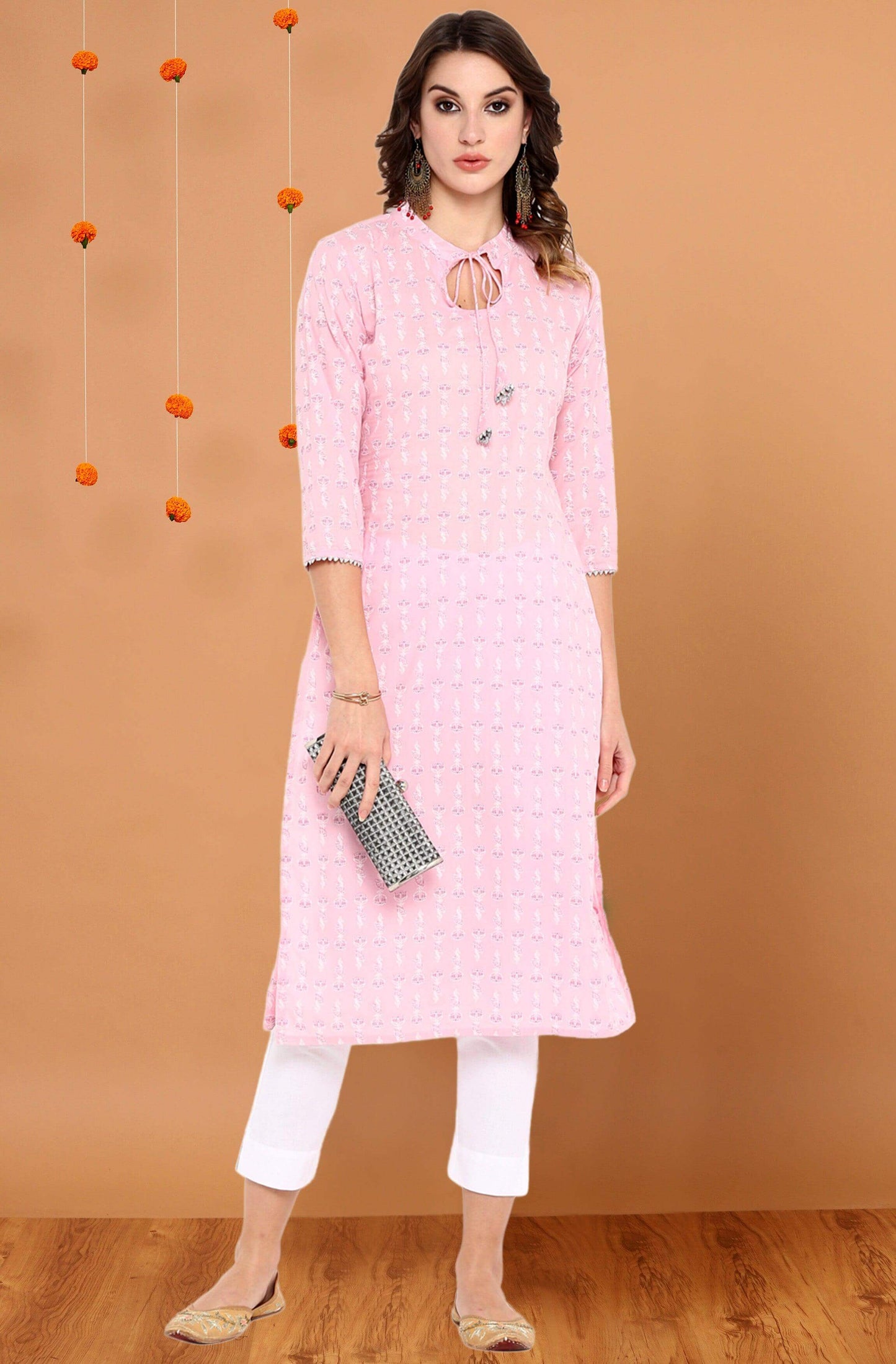 Pink Cotton Floral Print Straight Kurta