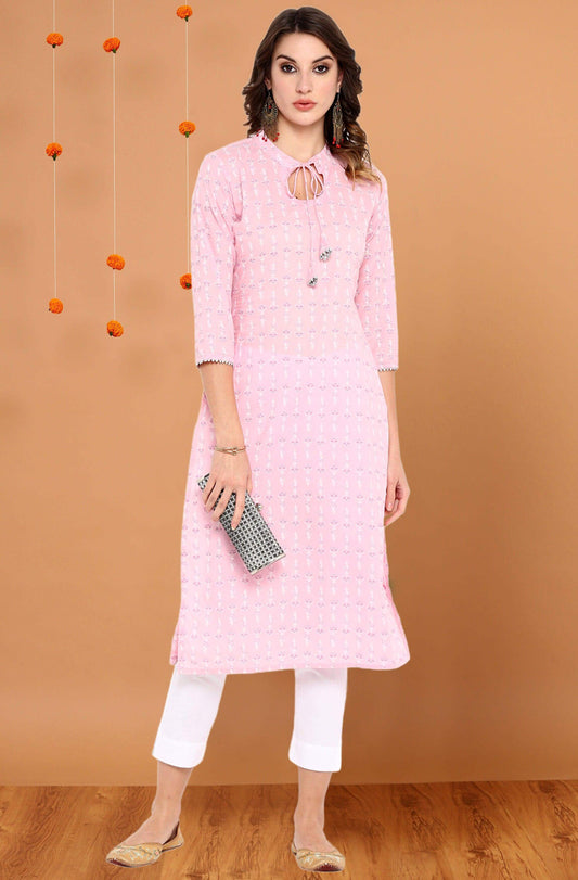 Pink Cotton Floral Print Straight Kurta