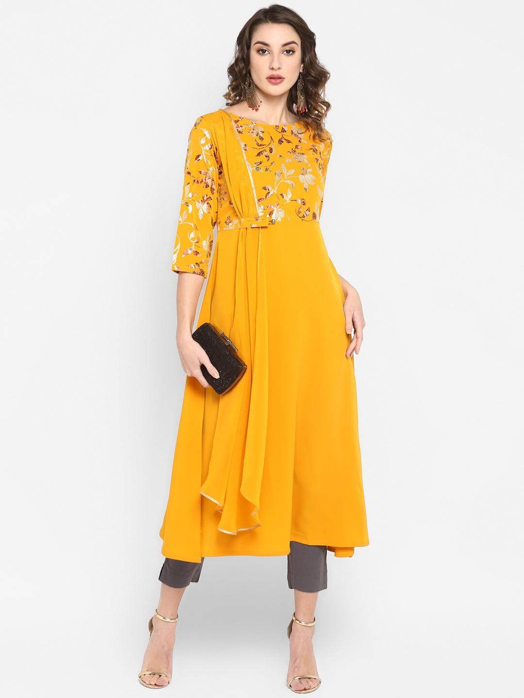 Mustard Poly Crepe Foil Print A-line Kurta
