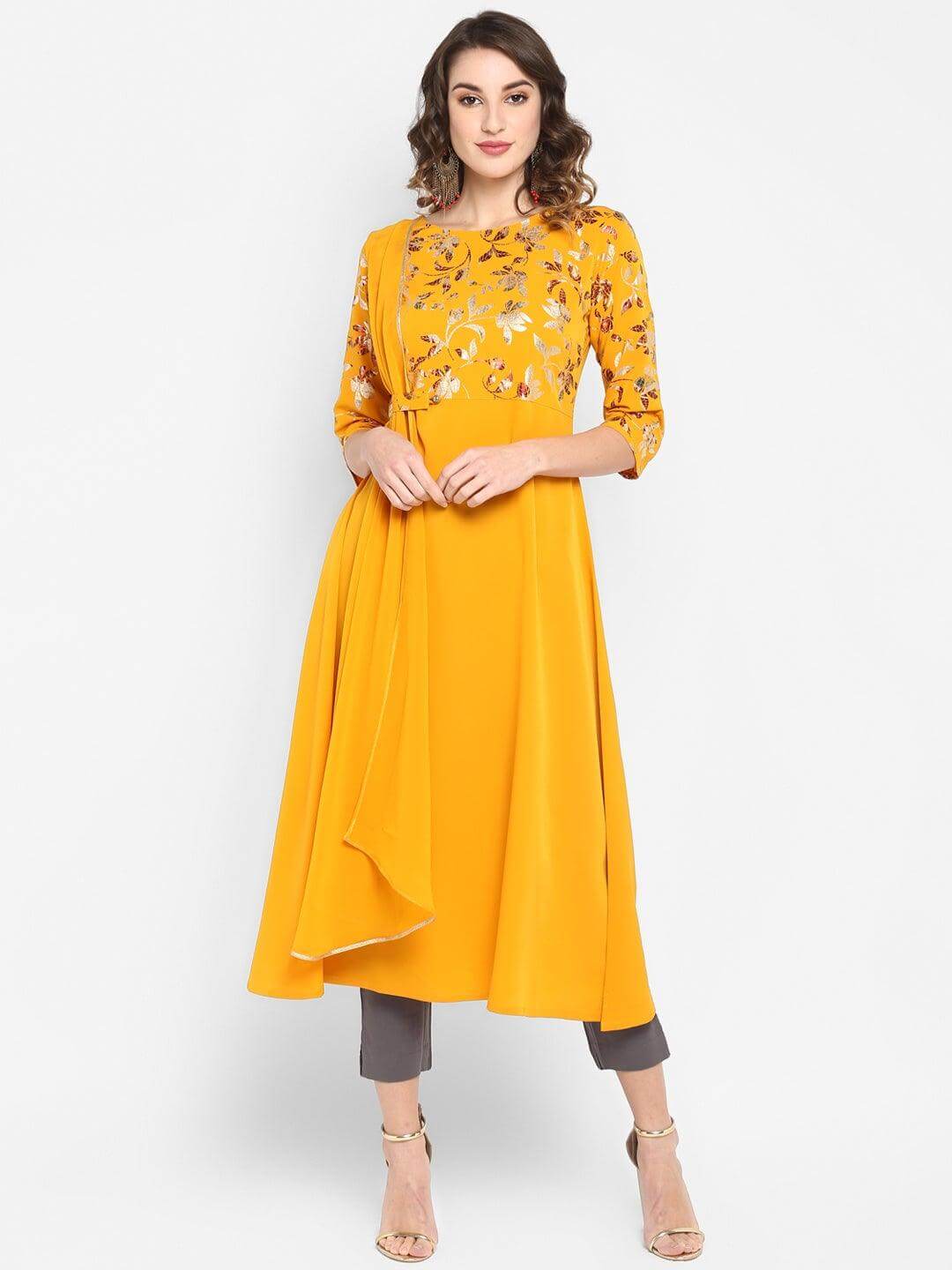 Mustard Poly Crepe Foil Print A-line Kurta