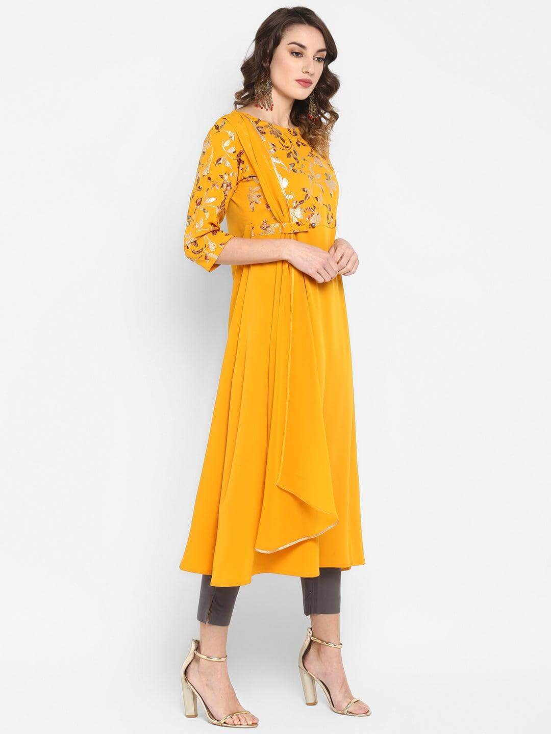 Mustard Poly Crepe Foil Print A-line Kurta