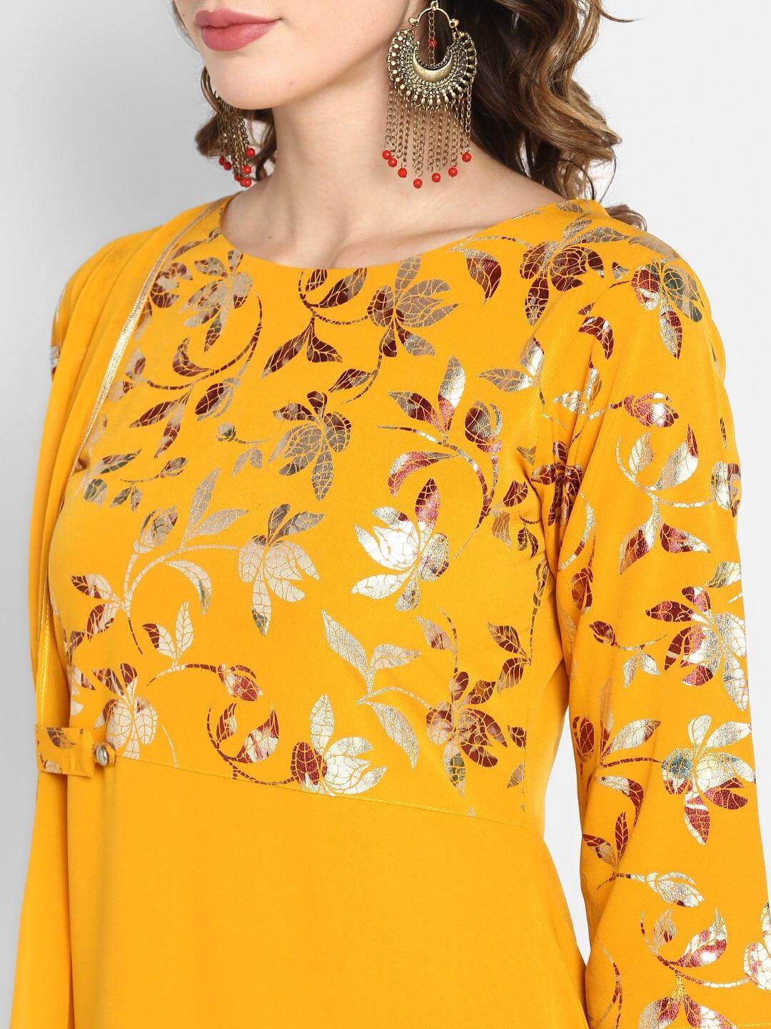 Mustard Poly Crepe Foil Print A-line Kurta