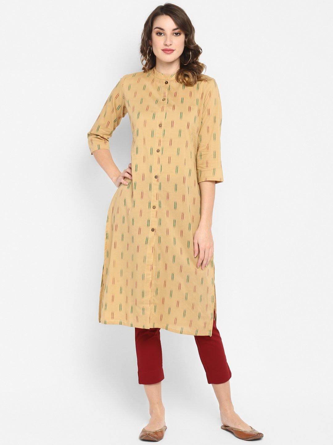 Beige Cotton Ikat Straight Kurta